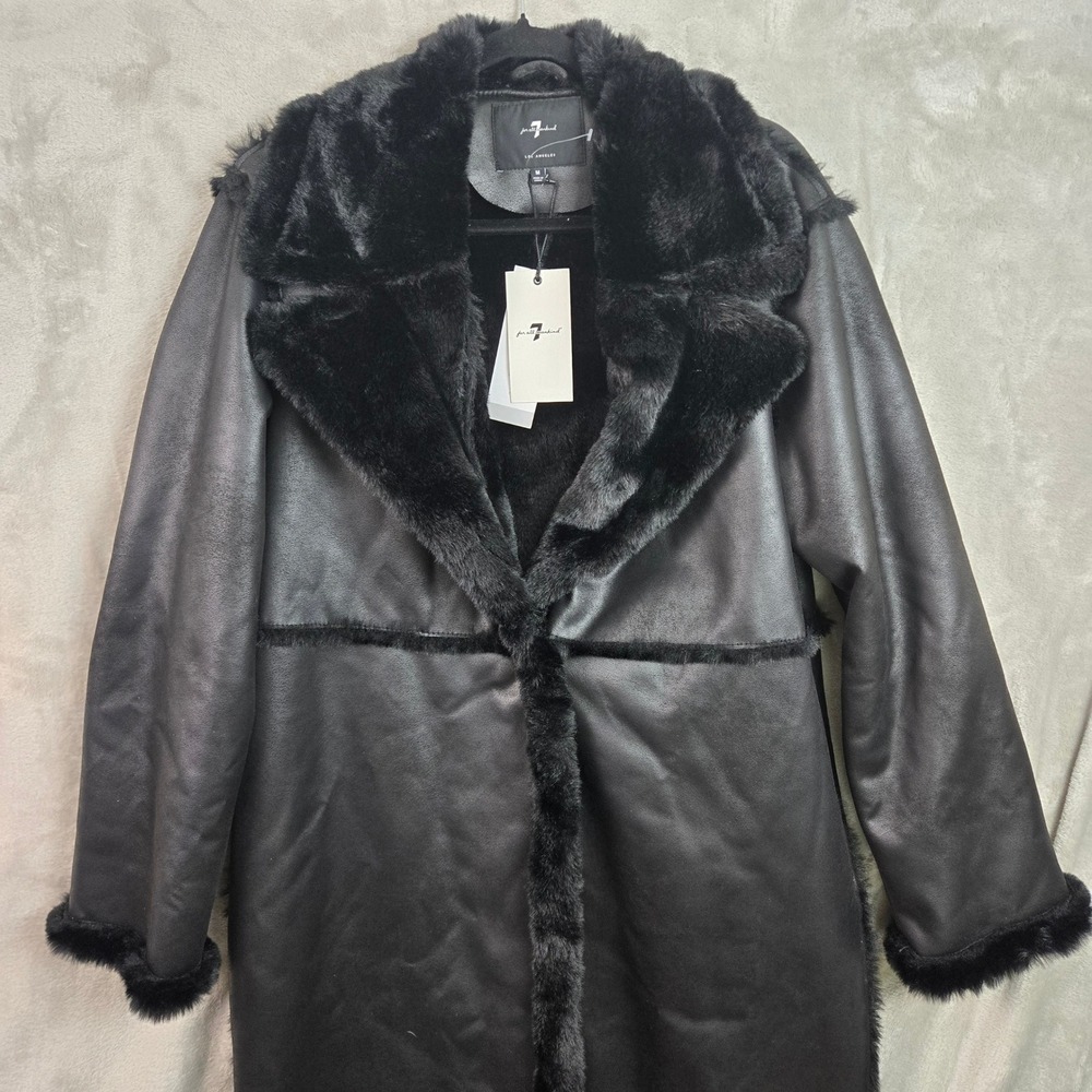 7 For All Mankind Black Faux Leather Fur Lined Maxi Coat Medium NWT